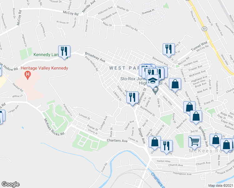 map of restaurants, bars, coffee shops, grocery stores, and more near 920 Liberty Street in McKees Rocks