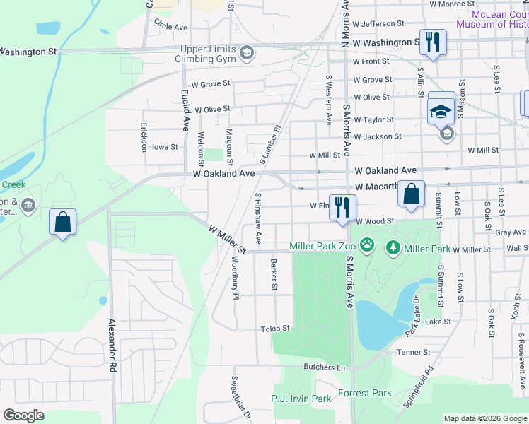map of restaurants, bars, coffee shops, grocery stores, and more near 1418 W Elm St in Bloomington