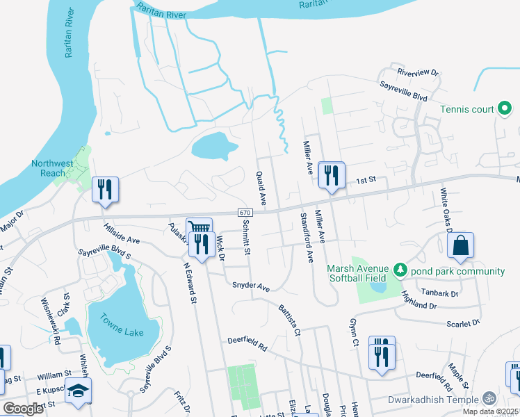 map of restaurants, bars, coffee shops, grocery stores, and more near 501 Main Street in South Amboy