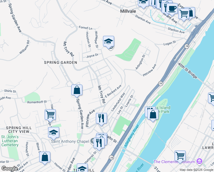 map of restaurants, bars, coffee shops, grocery stores, and more near 13 Highland Avenue in Pittsburgh