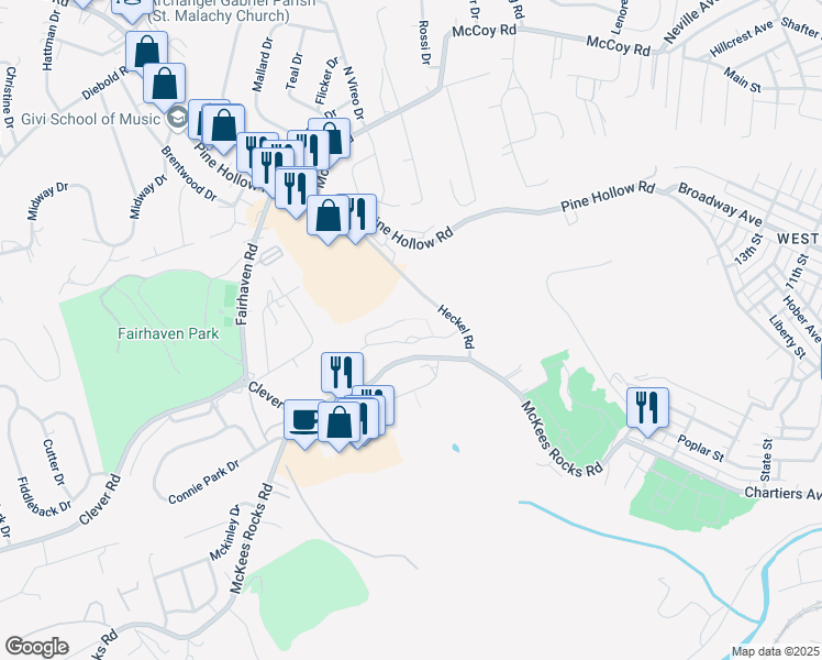 map of restaurants, bars, coffee shops, grocery stores, and more near 30 Heckel Road in McKees Rocks