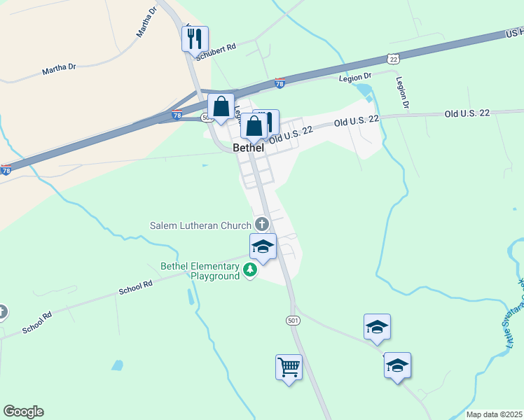 map of restaurants, bars, coffee shops, grocery stores, and more near 8432 Lancaster Avenue in Bethel