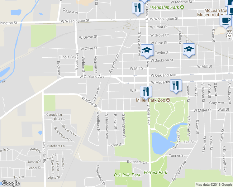 map of restaurants, bars, coffee shops, grocery stores, and more near 1410 West Elm Street in Bloomington