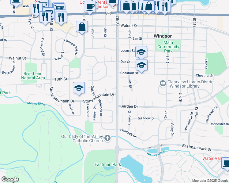 map of restaurants, bars, coffee shops, grocery stores, and more near 804 Stone Mountain Drive in Windsor