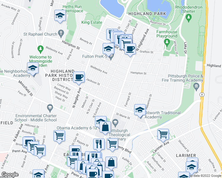 map of restaurants, bars, coffee shops, grocery stores, and more near Jackson Street in Pittsburgh