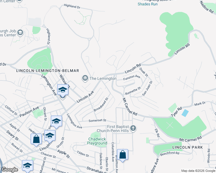 map of restaurants, bars, coffee shops, grocery stores, and more near 7239 Campania Avenue in Pittsburgh