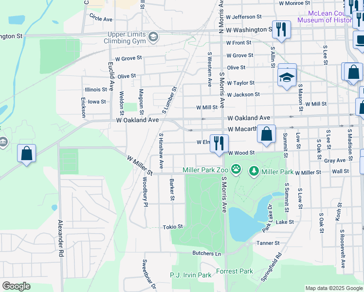 map of restaurants, bars, coffee shops, grocery stores, and more near 1402 West Elm Street in Bloomington