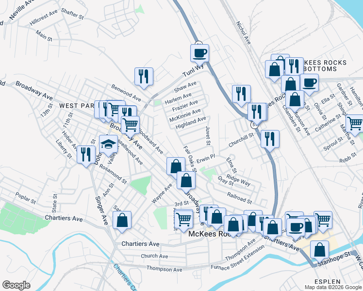 map of restaurants, bars, coffee shops, grocery stores, and more near 529 Fairoaks Street in McKees Rocks