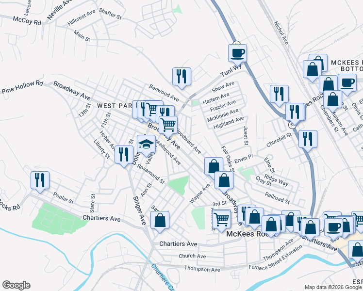 map of restaurants, bars, coffee shops, grocery stores, and more near 613 Penn Alley in McKees Rocks