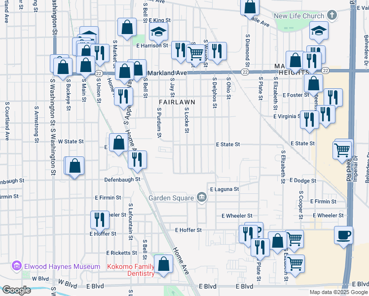 map of restaurants, bars, coffee shops, grocery stores, and more near 1303 South Locke Street in Kokomo