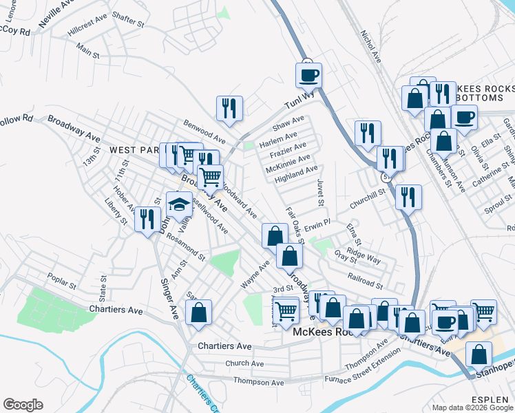 map of restaurants, bars, coffee shops, grocery stores, and more near 813 6th Street in McKees Rocks