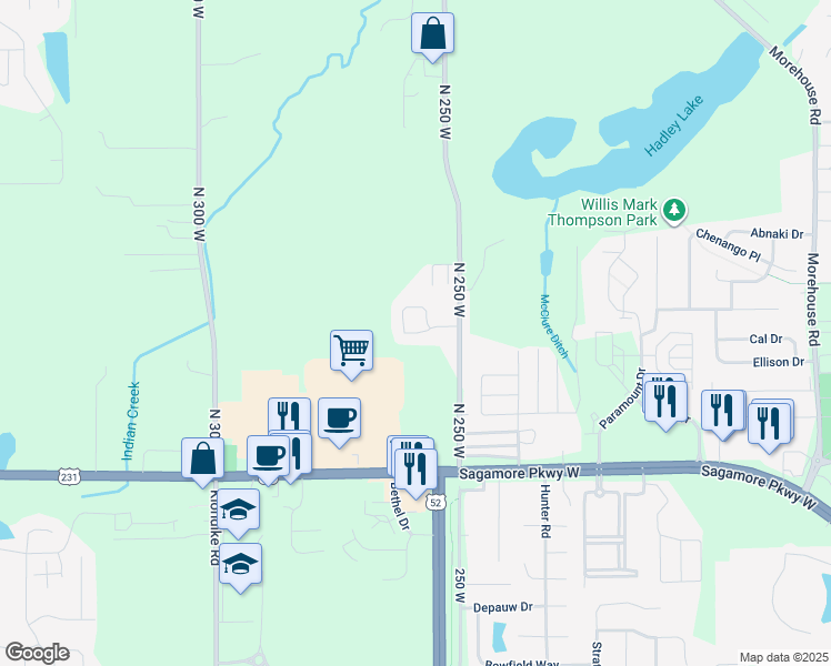 map of restaurants, bars, coffee shops, grocery stores, and more near 2560 Derbyshire Court in West Lafayette