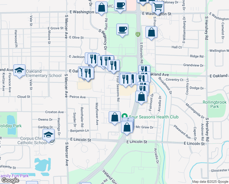 map of restaurants, bars, coffee shops, grocery stores, and more near 8 Ross Dr in Bloomington