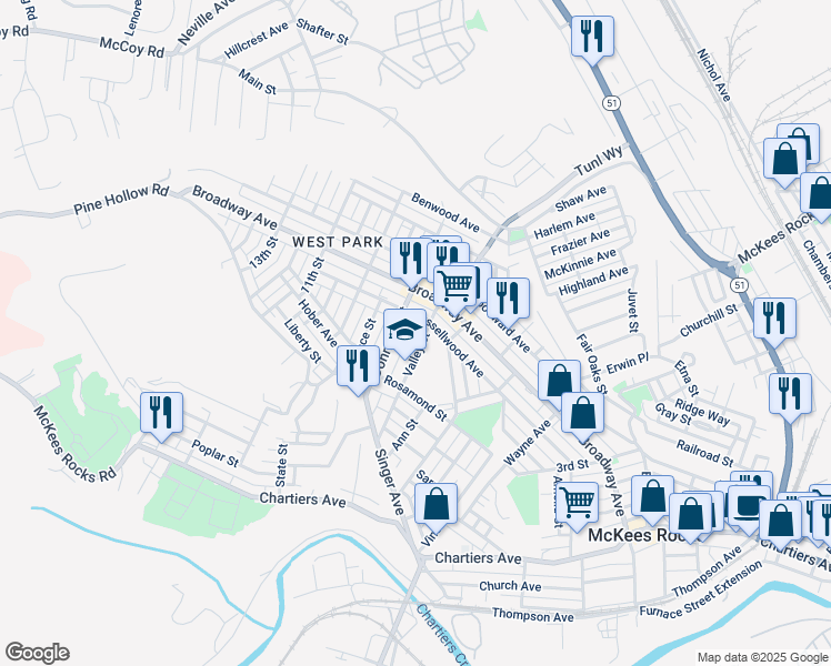 map of restaurants, bars, coffee shops, grocery stores, and more near 1096 Valley Street in McKees Rocks