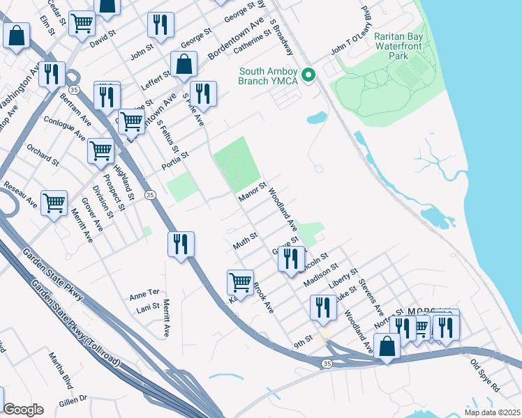 map of restaurants, bars, coffee shops, grocery stores, and more near 7 Grand Street in South Amboy