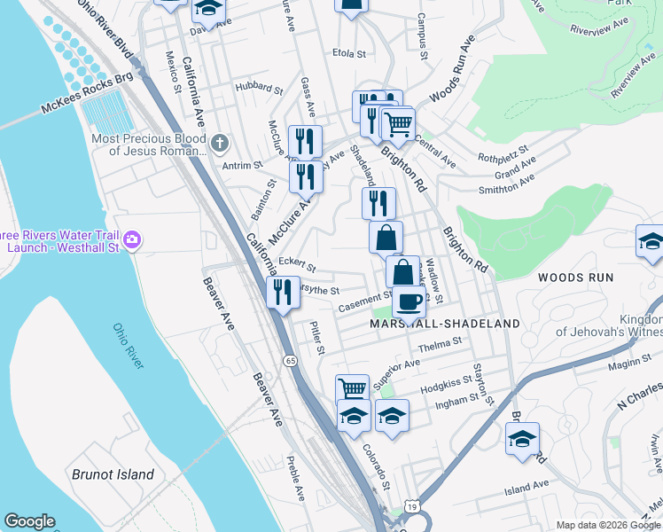 map of restaurants, bars, coffee shops, grocery stores, and more near 1502 Eckert Street in Pittsburgh