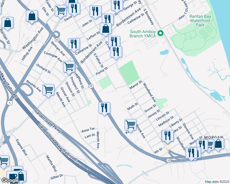 map of restaurants, bars, coffee shops, grocery stores, and more near 503 South Feltus Street in South Amboy