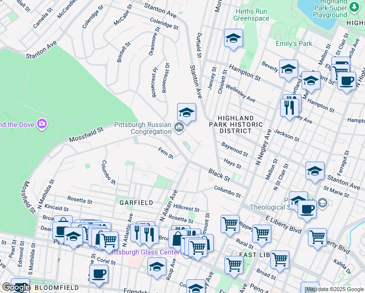 map of restaurants, bars, coffee shops, grocery stores, and more near in Pittsburgh
