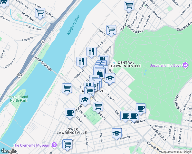 map of restaurants, bars, coffee shops, grocery stores, and more near 190 43rd 1/2 Street in Pittsburgh