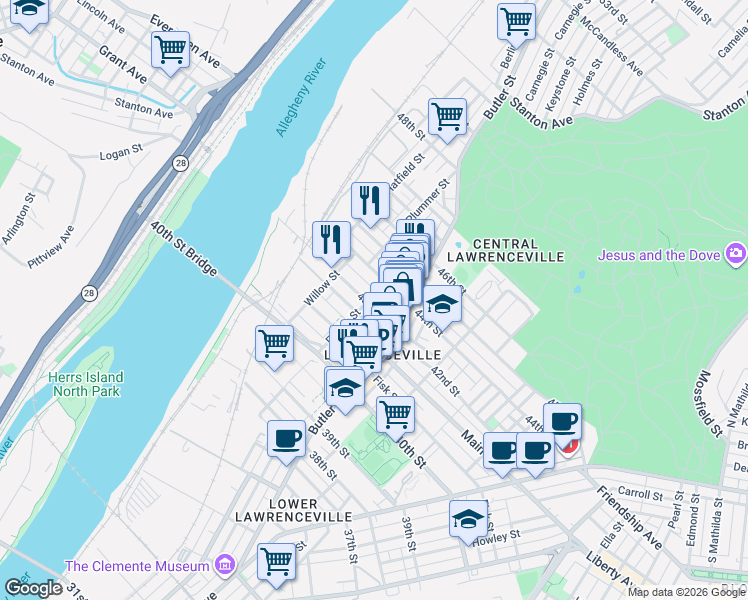 map of restaurants, bars, coffee shops, grocery stores, and more near 145 42nd Street in Pittsburgh