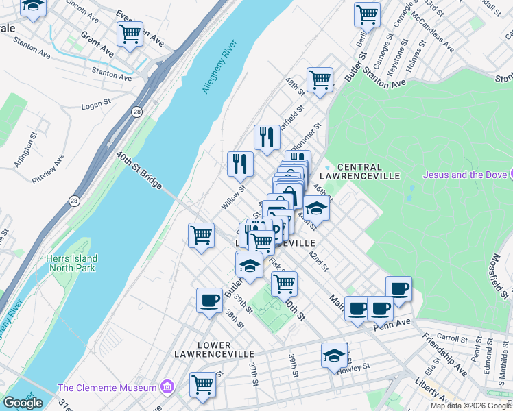map of restaurants, bars, coffee shops, grocery stores, and more near 145 42nd Street in Pittsburgh