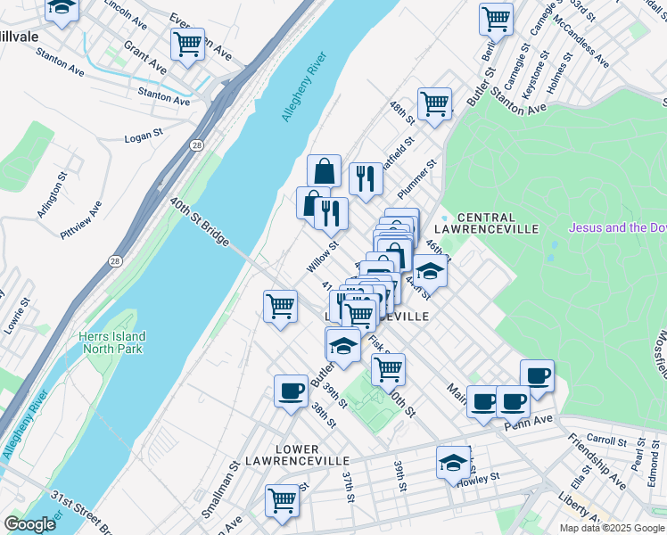 map of restaurants, bars, coffee shops, grocery stores, and more near 119 Banner Way in Pittsburgh