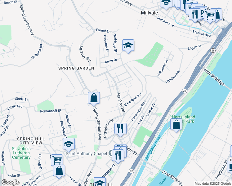 map of restaurants, bars, coffee shops, grocery stores, and more near 2213 Mount Troy Road in Pittsburgh