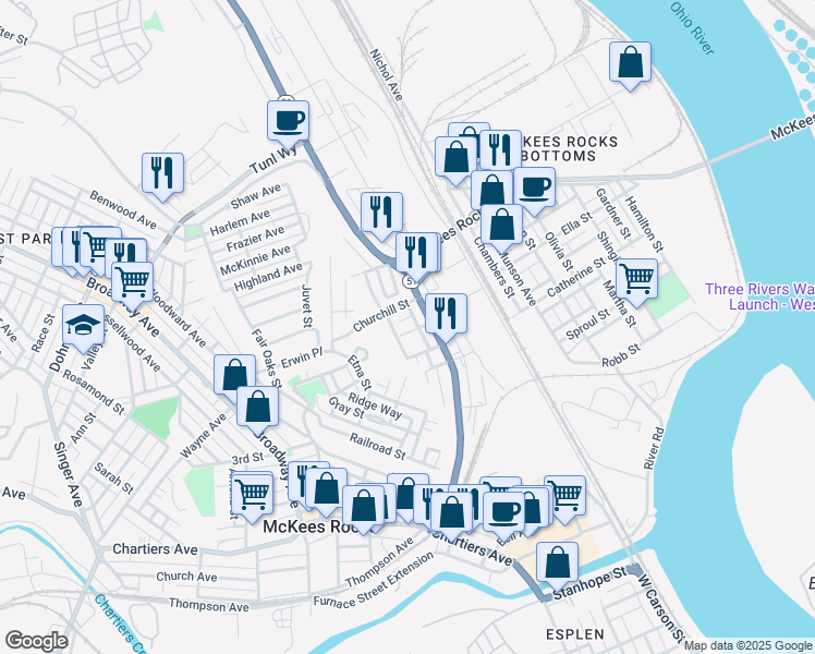 map of restaurants, bars, coffee shops, grocery stores, and more near 122 Cutler Street in McKees Rocks