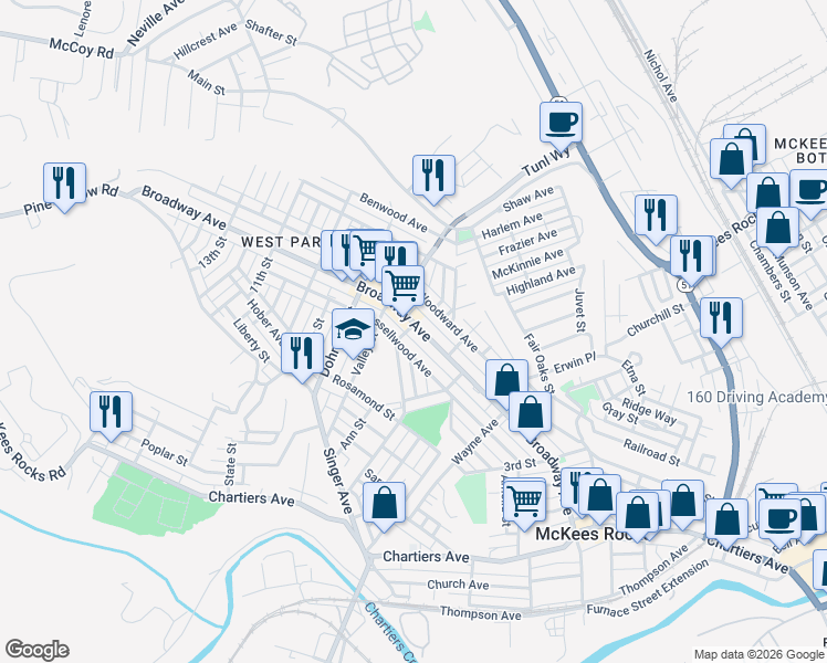 map of restaurants, bars, coffee shops, grocery stores, and more near 643 Broadway Avenue in McKees Rocks