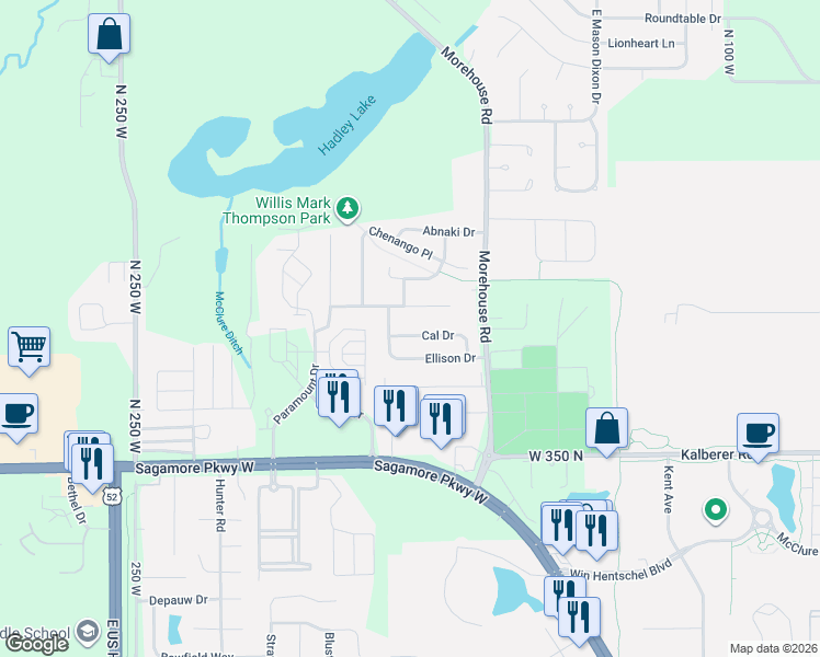 map of restaurants, bars, coffee shops, grocery stores, and more near 1934 Cal Drive in West Lafayette