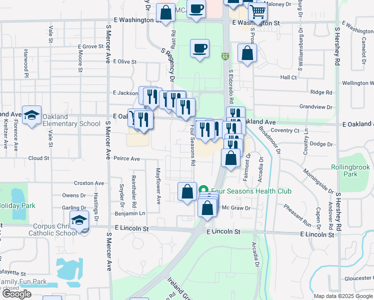 map of restaurants, bars, coffee shops, grocery stores, and more near 8 Ross Drive in Bloomington
