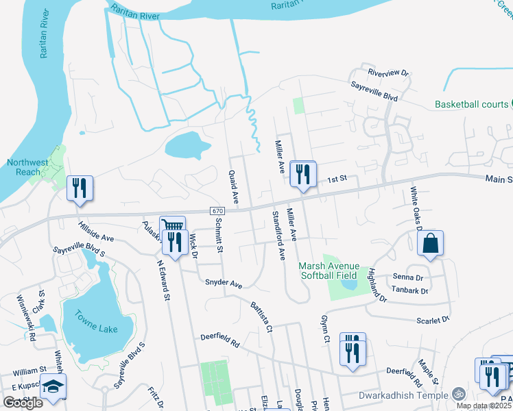 map of restaurants, bars, coffee shops, grocery stores, and more near 519 Main Street in Sayreville