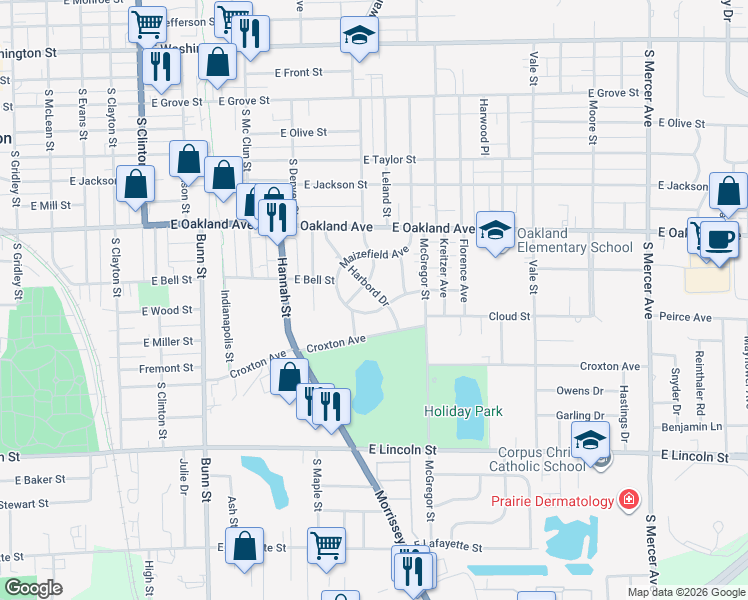 map of restaurants, bars, coffee shops, grocery stores, and more near 34 Harbord Drive in Bloomington
