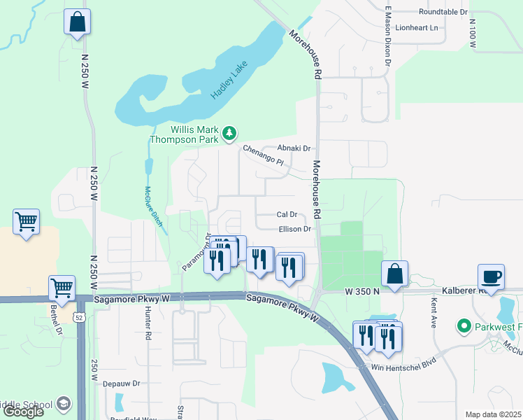 map of restaurants, bars, coffee shops, grocery stores, and more near 3716 Ellison Drive in West Lafayette