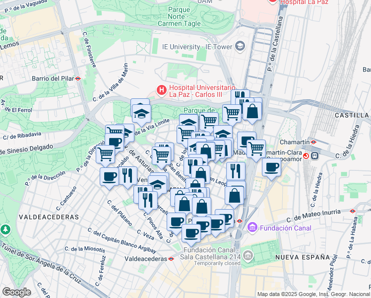 map of restaurants, bars, coffee shops, grocery stores, and more near Calle de los Geranios in Madrid