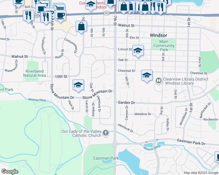 map of restaurants, bars, coffee shops, grocery stores, and more near 806 Stone Mountain Drive in Windsor