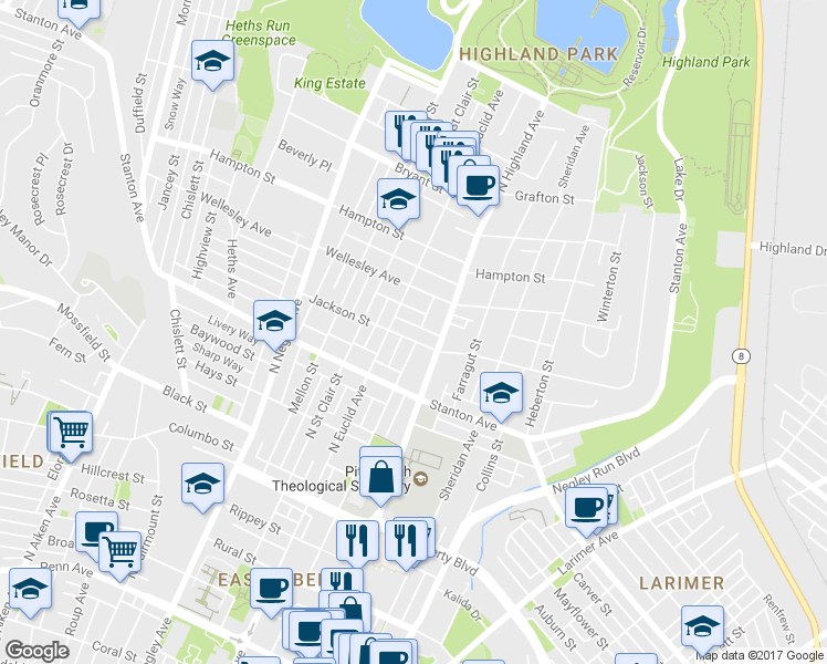 map of restaurants, bars, coffee shops, grocery stores, and more near 5820 Wayne Road in Pittsburgh