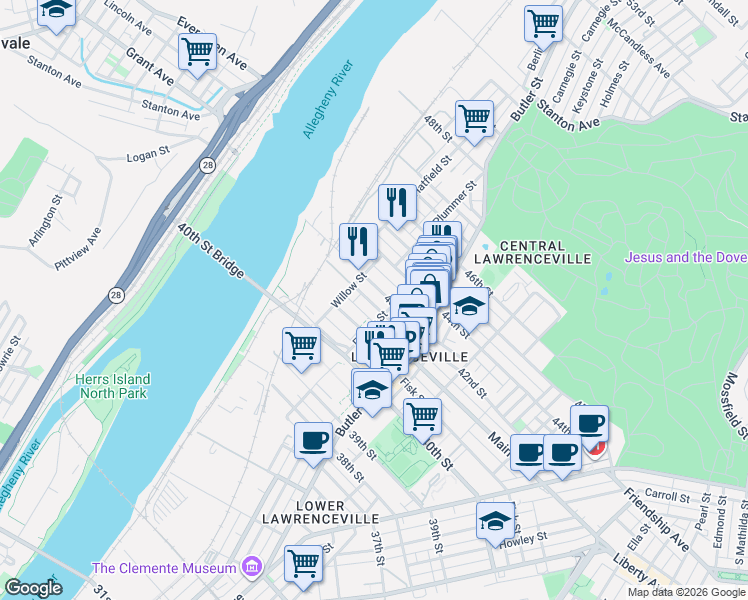map of restaurants, bars, coffee shops, grocery stores, and more near 145 42nd Street in Pittsburgh