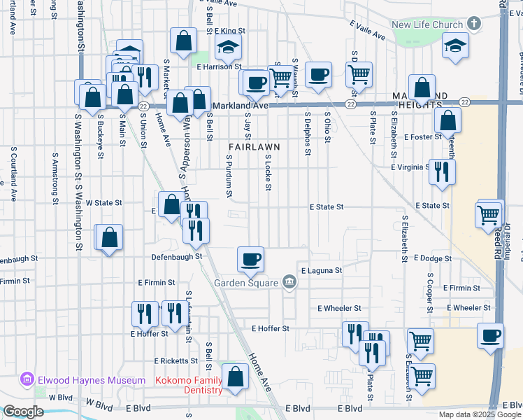 map of restaurants, bars, coffee shops, grocery stores, and more near 1303 South Locke Street in Kokomo