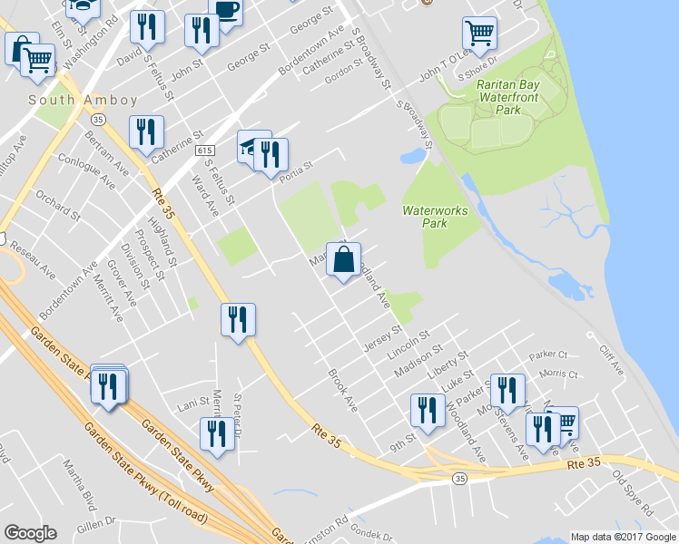 map of restaurants, bars, coffee shops, grocery stores, and more near 7 Grand Street in South Amboy