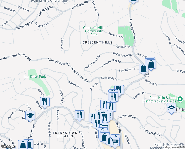 map of restaurants, bars, coffee shops, grocery stores, and more near 173 Crescent Hills Road in Pittsburgh