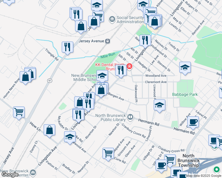 map of restaurants, bars, coffee shops, grocery stores, and more near 866 Livingston Avenue in North Brunswick Township