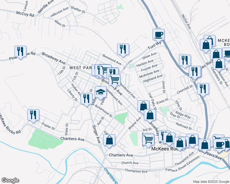 map of restaurants, bars, coffee shops, grocery stores, and more near 643 Broadway Avenue in McKees Rocks