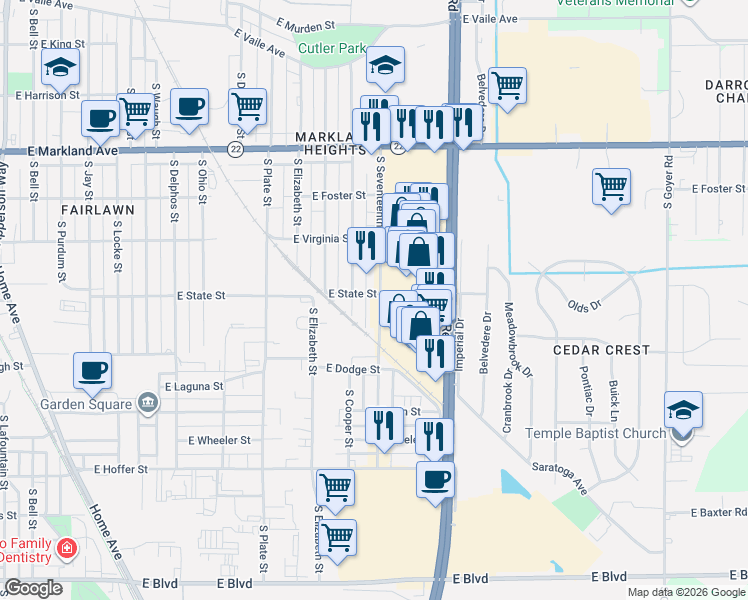 map of restaurants, bars, coffee shops, grocery stores, and more near 1227-1299 South Seventeenth Street in Kokomo