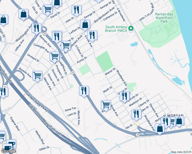 map of restaurants, bars, coffee shops, grocery stores, and more near 503 South Feltus Street in South Amboy