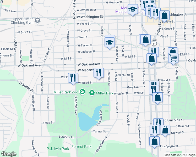 map of restaurants, bars, coffee shops, grocery stores, and more near 905 W Wood St in Bloomington