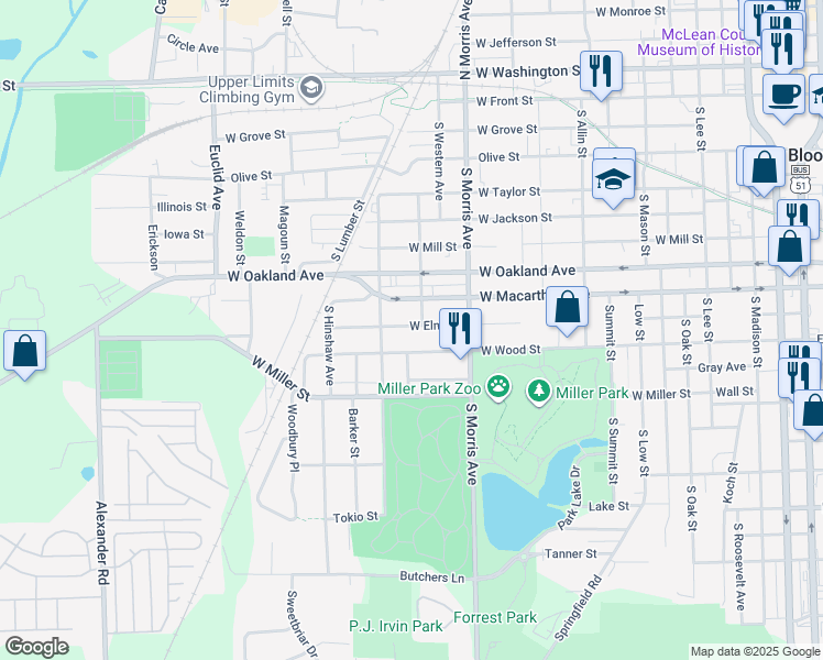 map of restaurants, bars, coffee shops, grocery stores, and more near 1304 West Elm Street in Bloomington