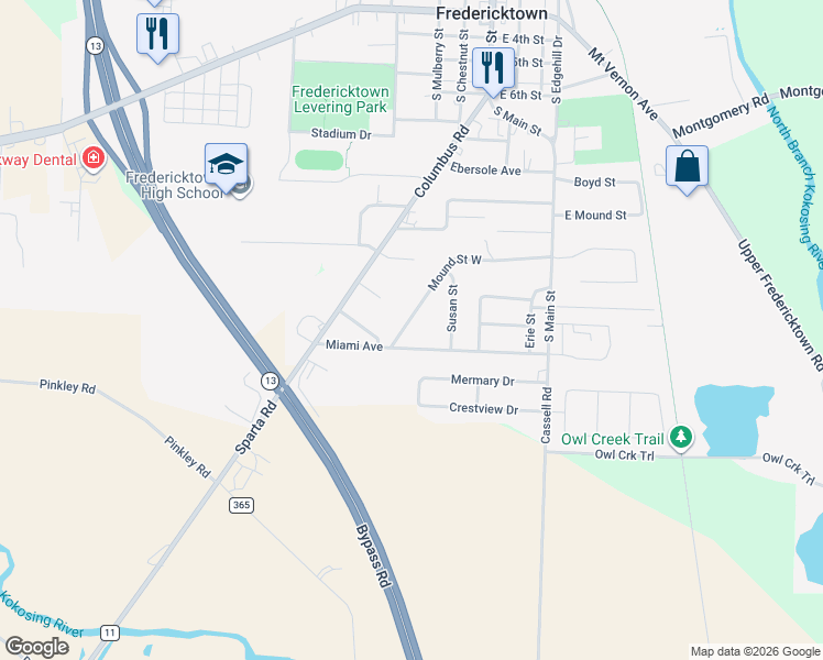map of restaurants, bars, coffee shops, grocery stores, and more near 28 Miami Avenue in Fredericktown