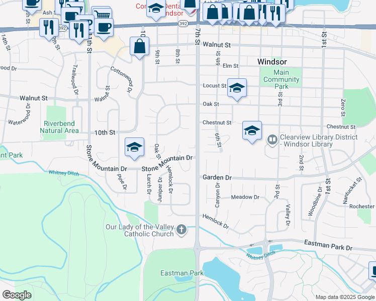 map of restaurants, bars, coffee shops, grocery stores, and more near 806 Stone Mountain Drive in Windsor
