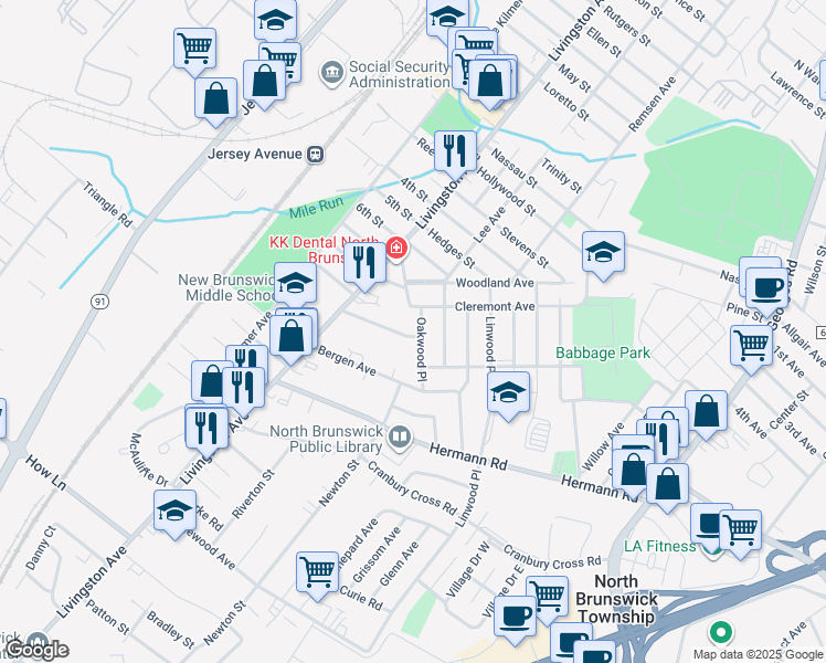 map of restaurants, bars, coffee shops, grocery stores, and more near 11 Oakwood Place in North Brunswick Township